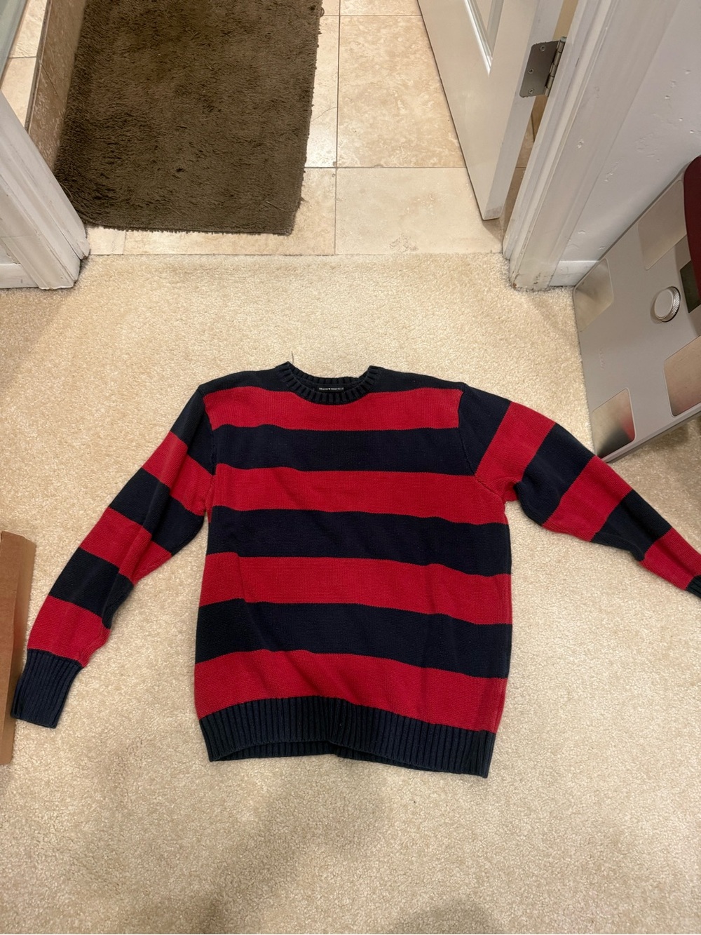 Red and Navy Striped Crewneck Sweater